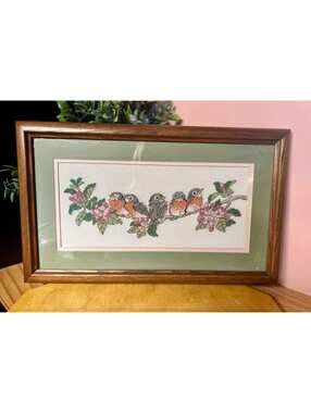 Vintage Framed Bird Cross Stitch Art Carolyn Shores Wright The Nestlings 20"